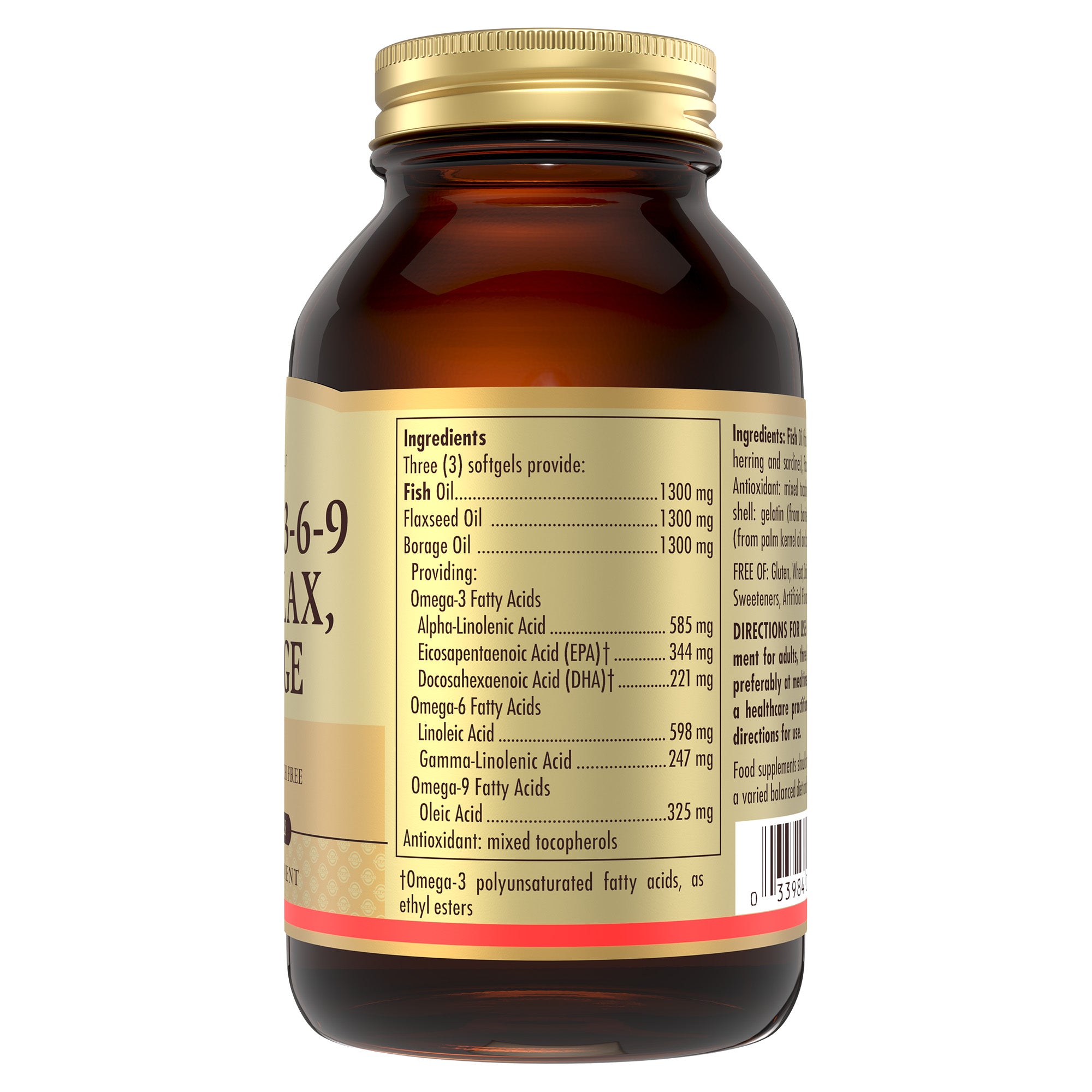 Ingredients label on the back of a Solgar Omega 3-6-9 Fish Oil bottle