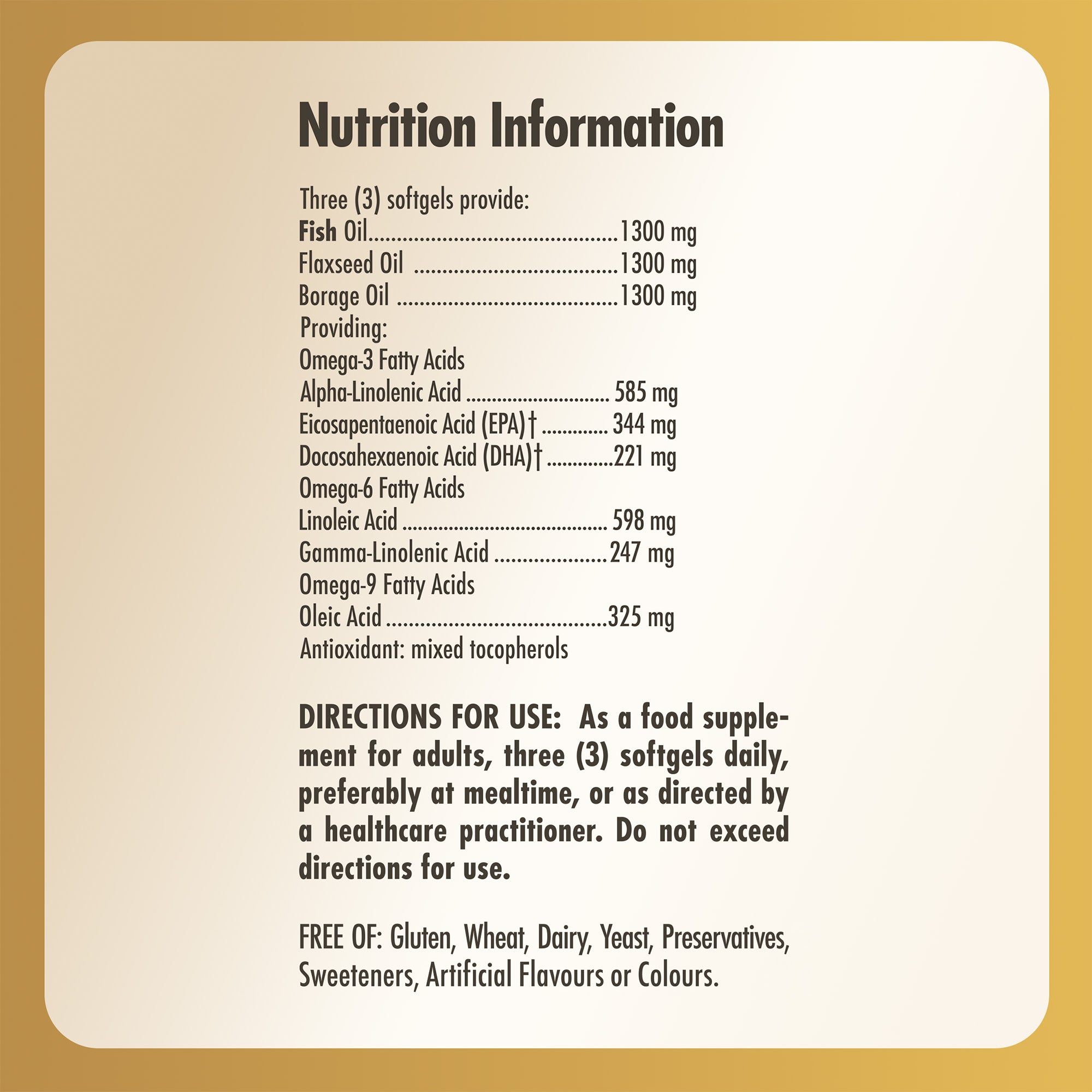 Nutrition information label for a Solgar Omega 3-6-9 Fish Oil bottle