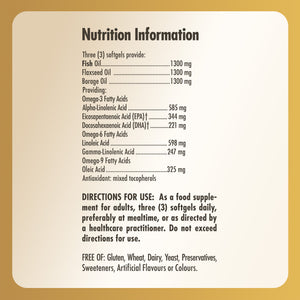 Nutrition information label for a Solgar Omega 3-6-9 Fish Oil bottle