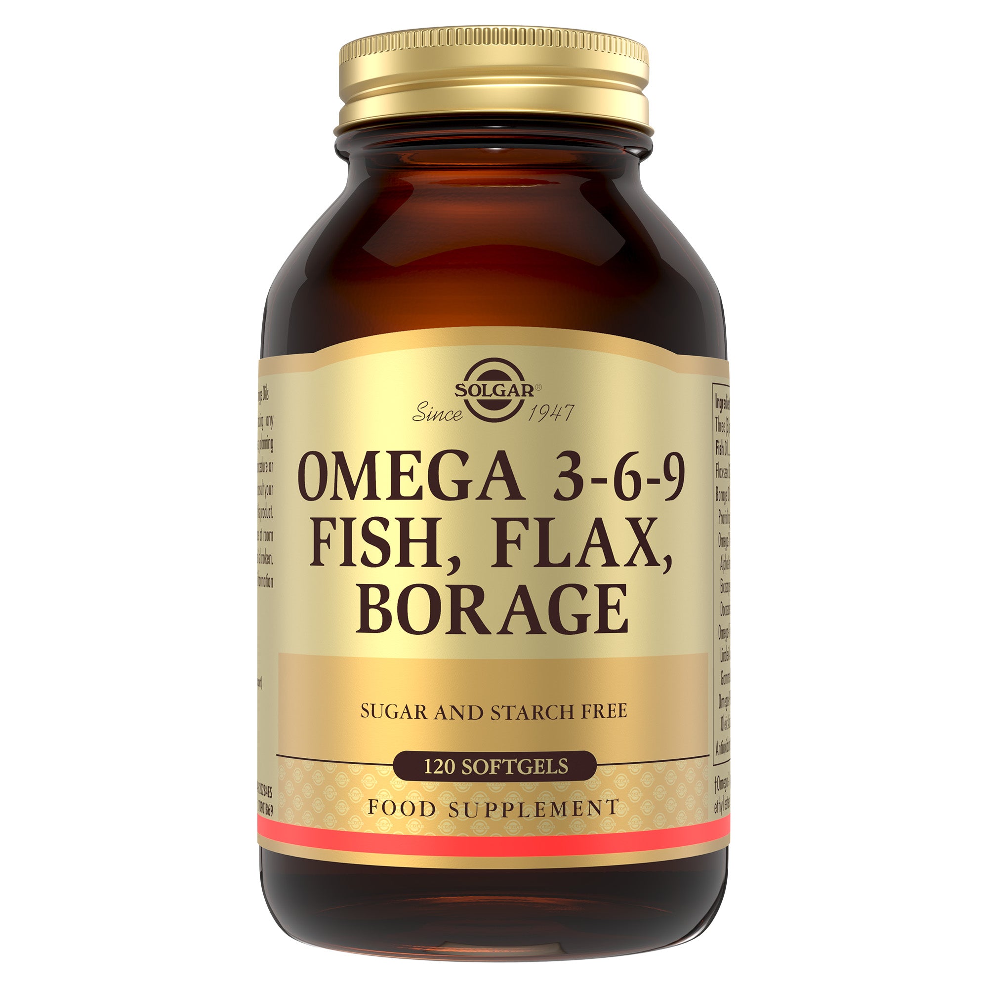 Solgar Omega 3-6-9 Fish Oil in a glass bottle with a gold lid