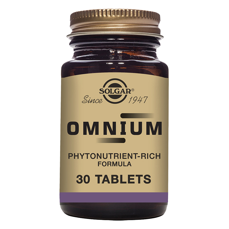 Solgar Omnium Multivitamin Tablets in a glass bottle with a gold lid