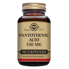 A glass bottle of Solgar Pantothenic Acid 550 mg Vegetable Capsules with 50 capsules