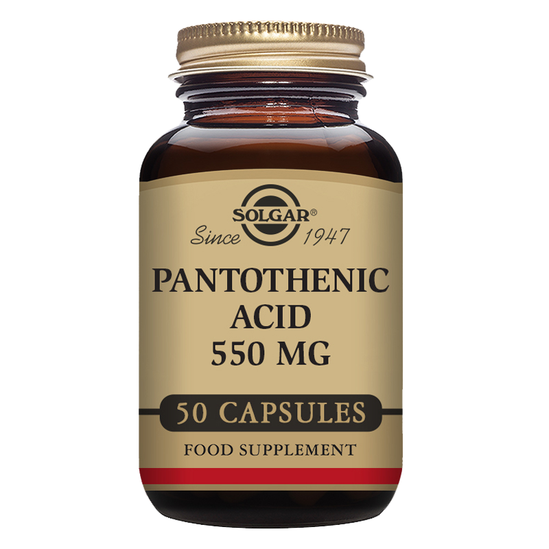 A glass bottle of Solgar Pantothenic Acid 550 mg Vegetable Capsules with 50 capsules