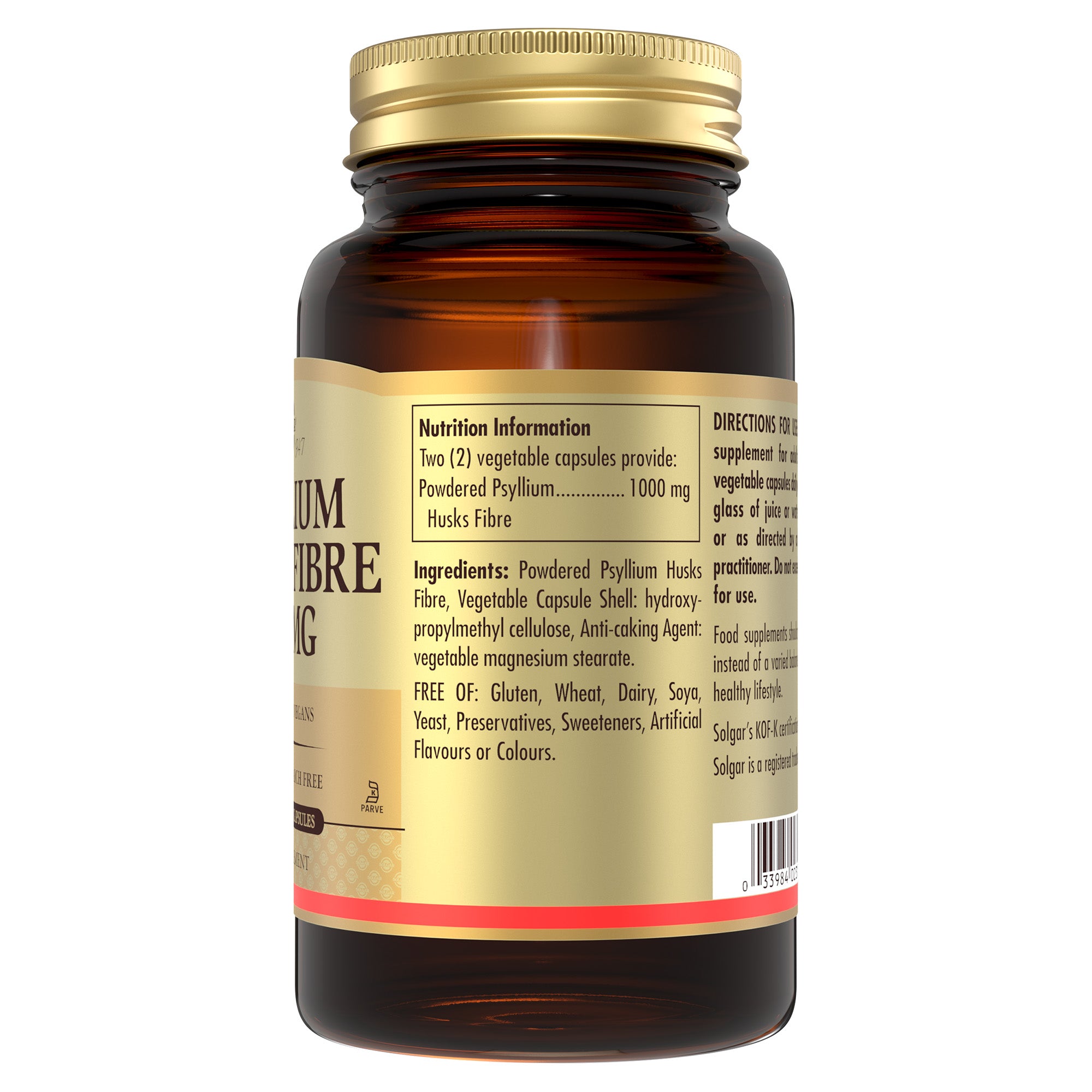 Nutrition information label on a Solgar Psyllium Husks Fibre 500 MG glass bottle