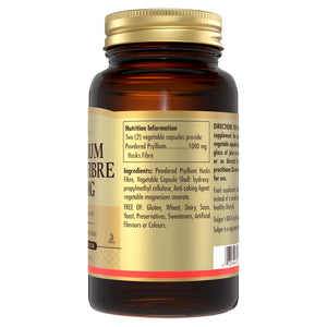 Nutrition information label on a Solgar Psyllium Husks Fibre 500 MG glass bottle