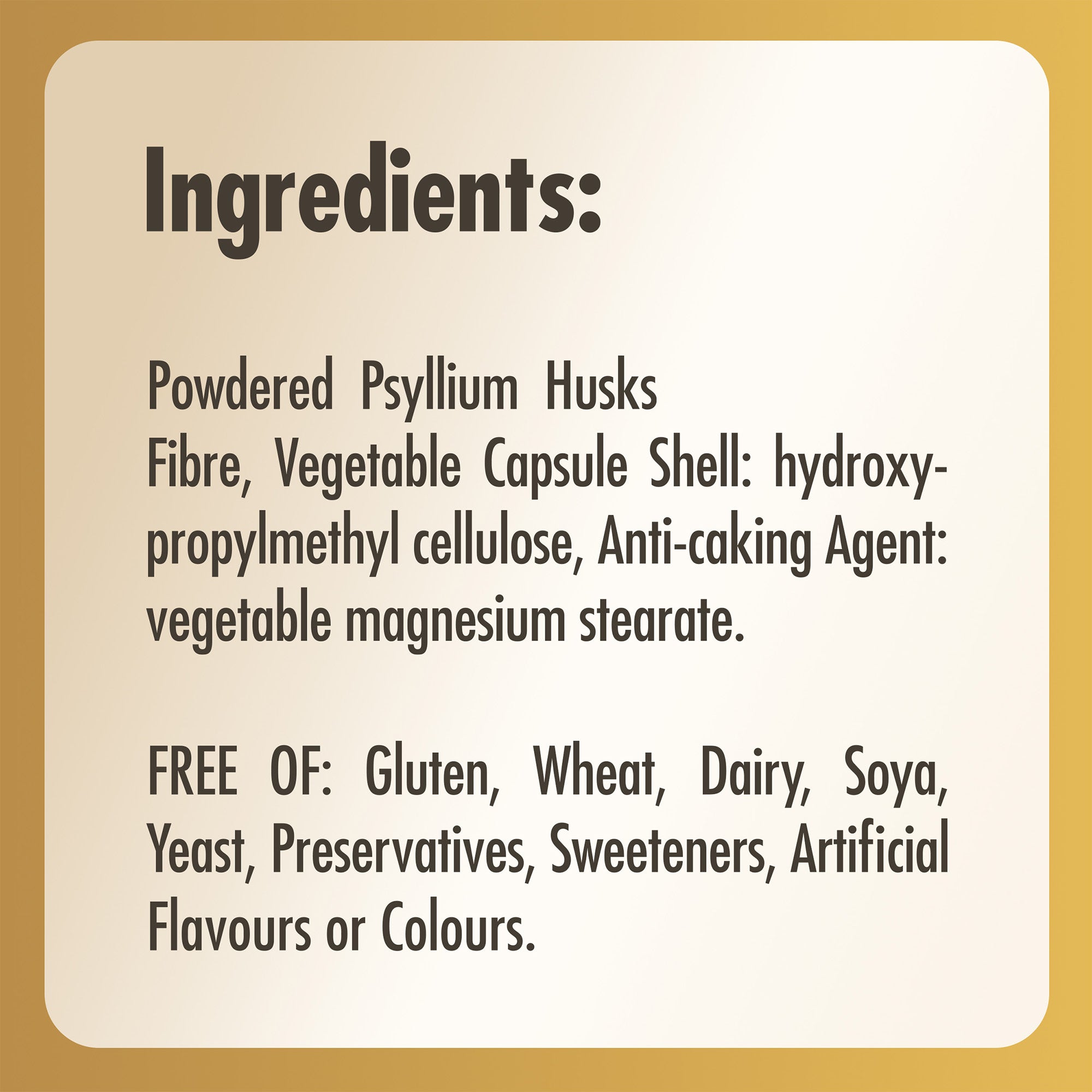 Ingredients list label for Solgar Psyllium Husks Fibre 500 MG tablets glass bottle