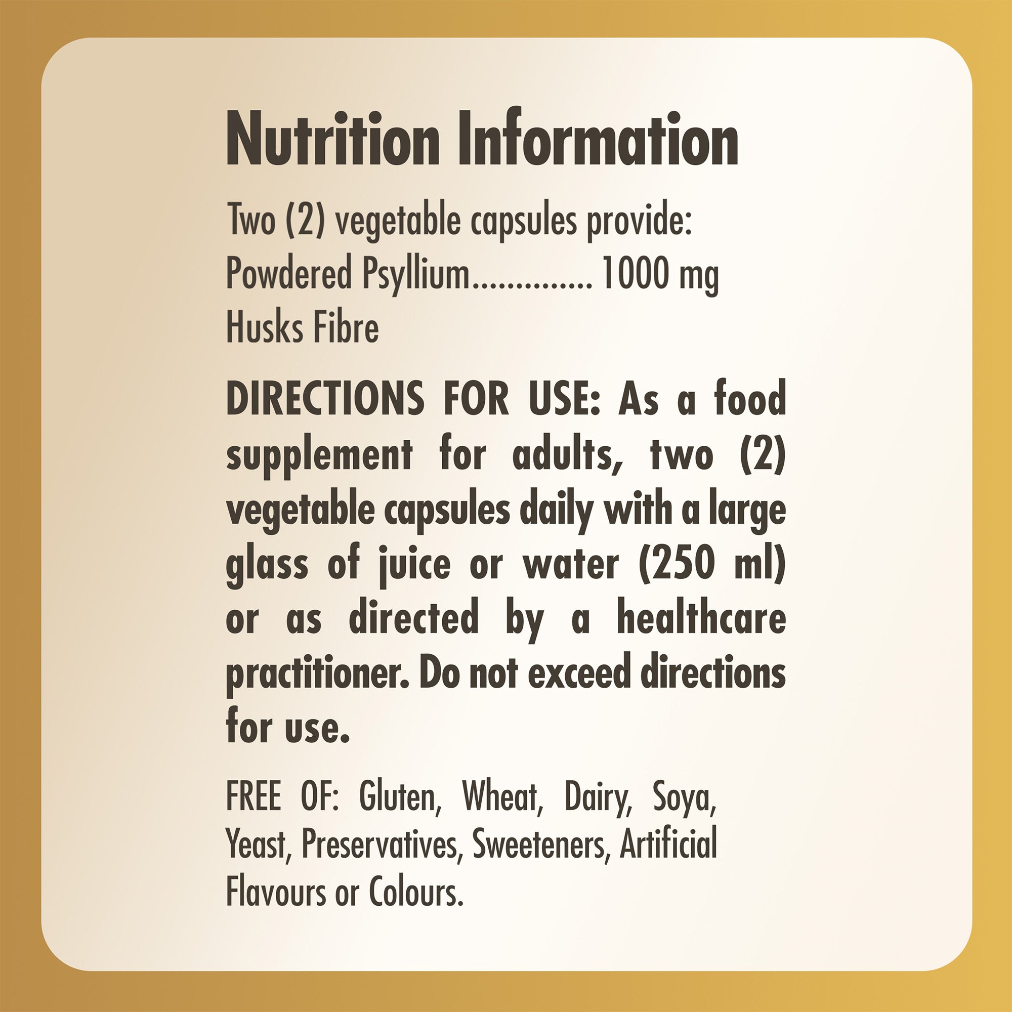 Nutrition information label for a bottle of Solgar Psyllium Husks Fibre 500 MG supplements