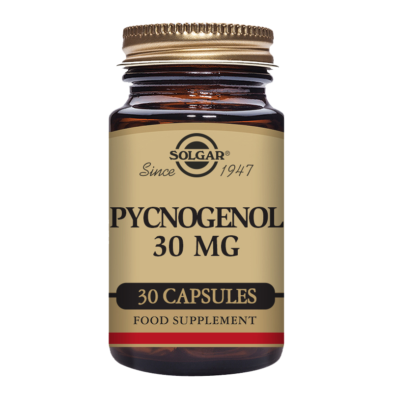 Solgar Pycnogenol 30 mg Vegetable Capsules in a glass bottle with a gold lid