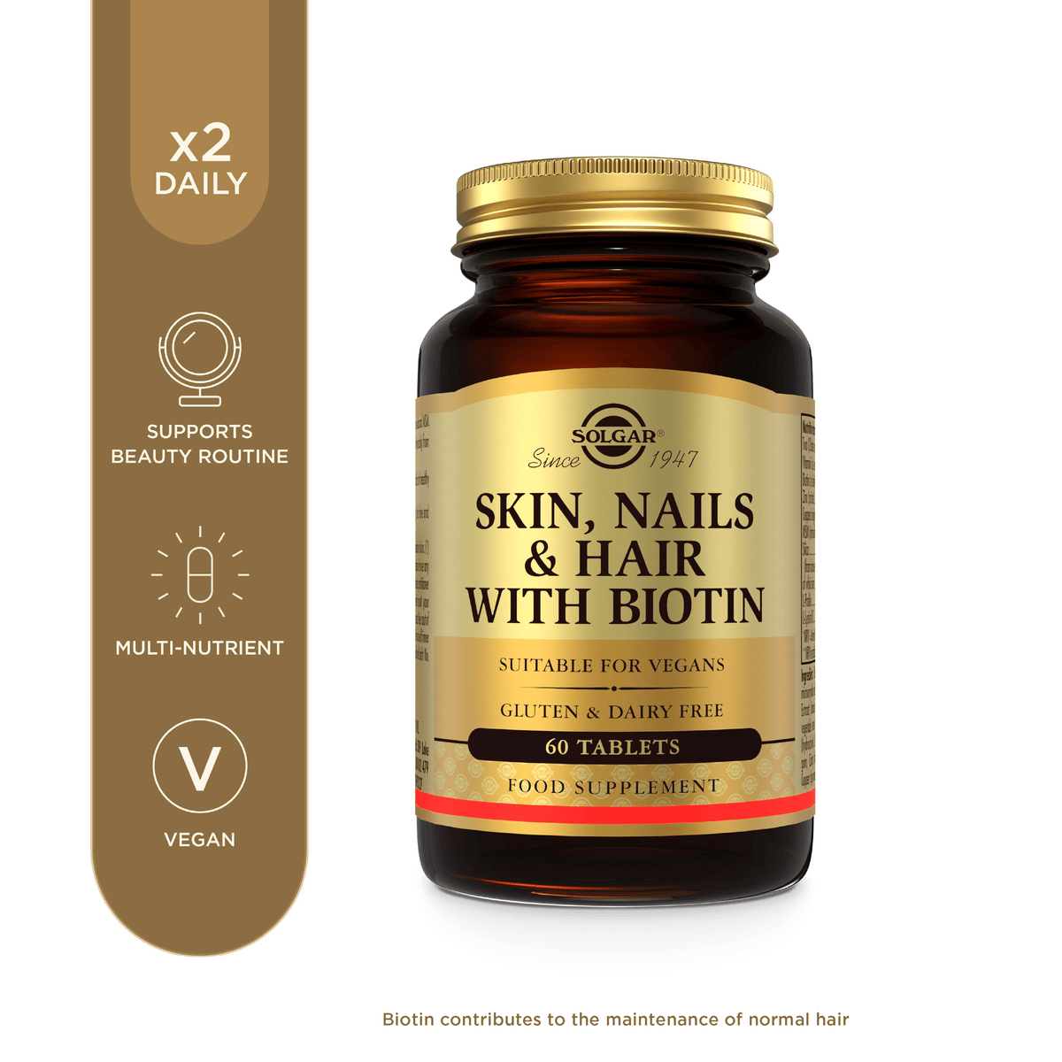 Solgar Skin, Nails & Hair with Biotin supplement bottle with product information beside