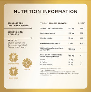 Nutrition information label for Solgar Skin, Nails & Hair with Biotin supplements