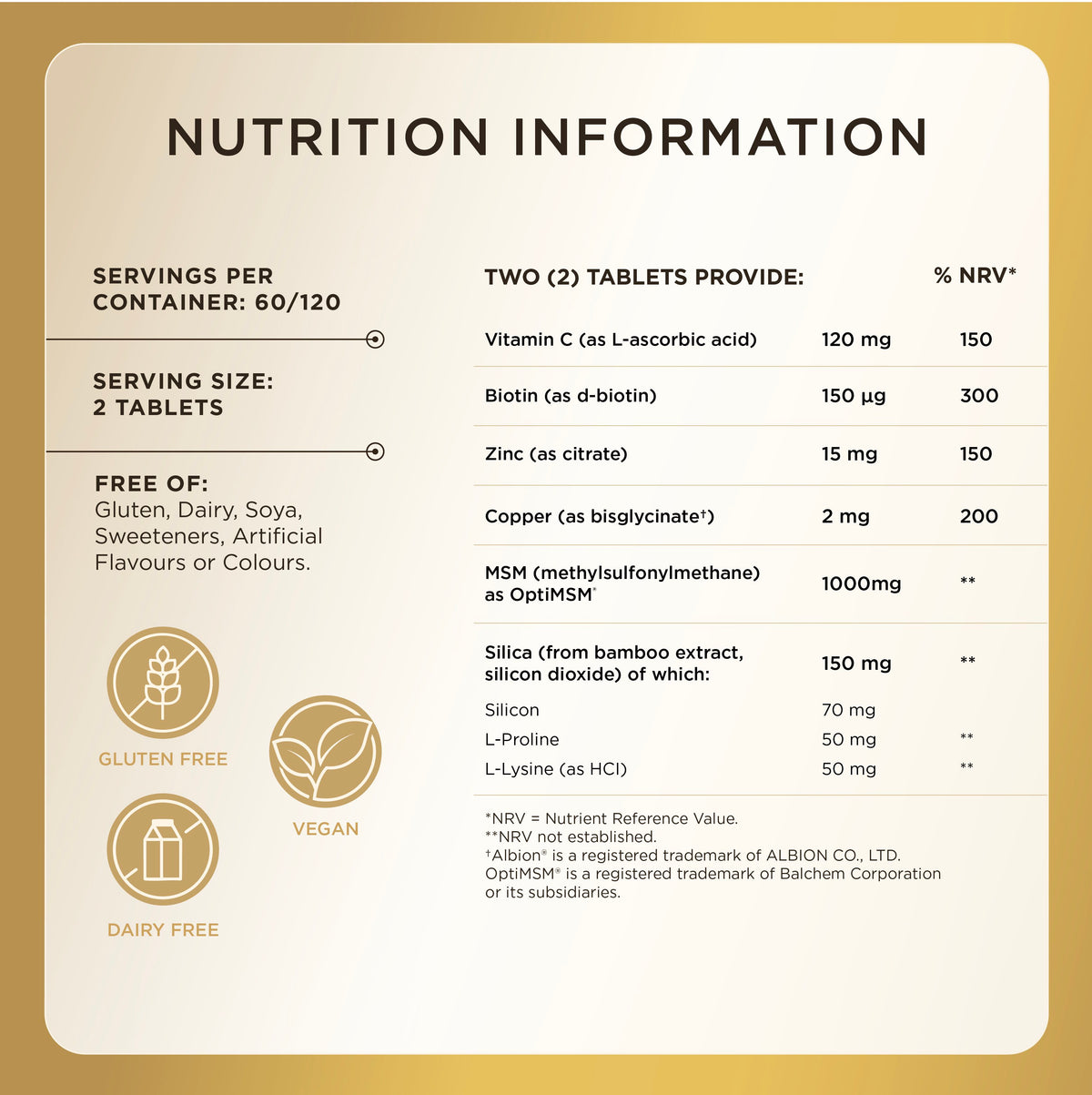 Nutrition information label for Solgar Skin, Nails & Hair with Biotin supplements