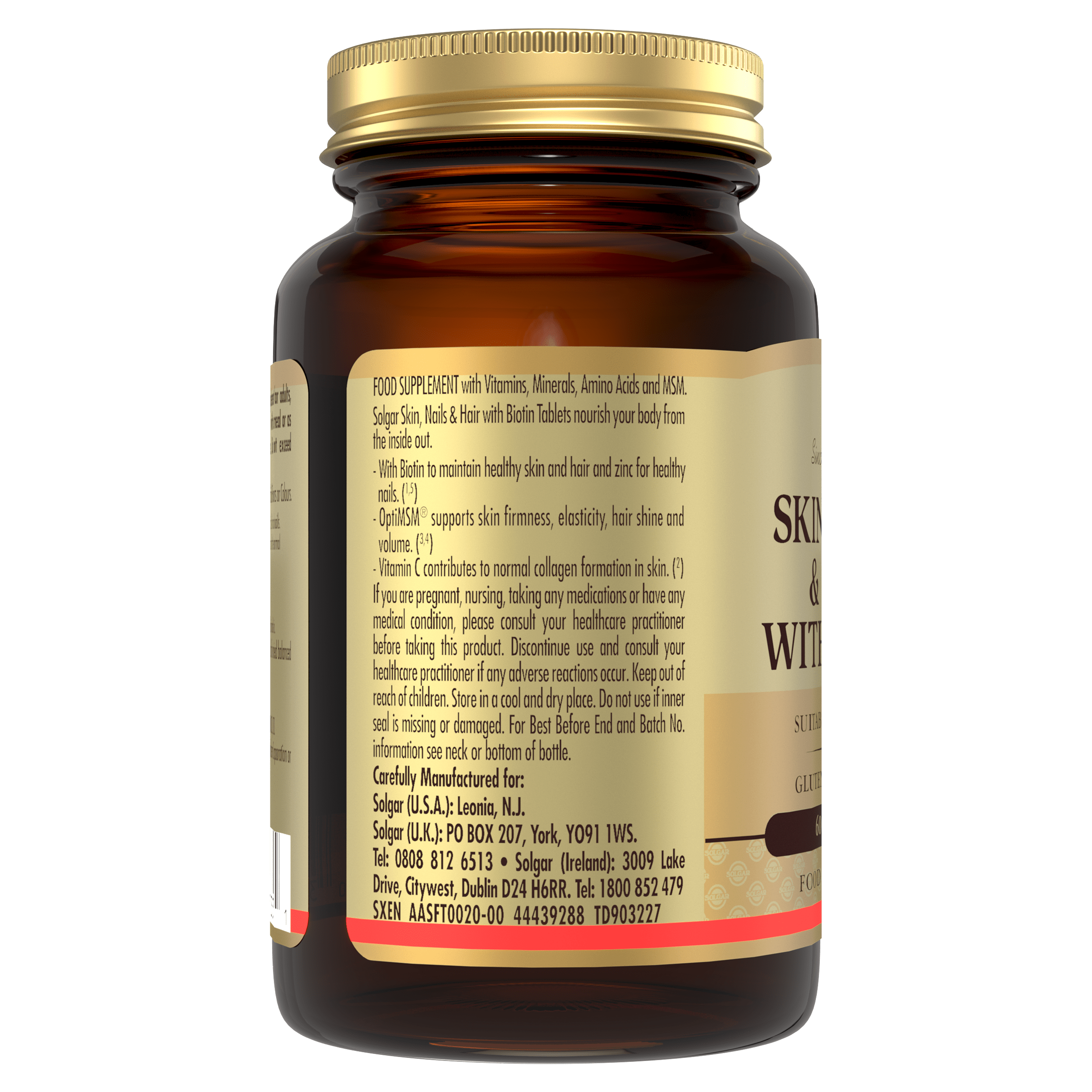 Side view of a Solgar Skin, Nails & Hair with Biotin supplement bottle