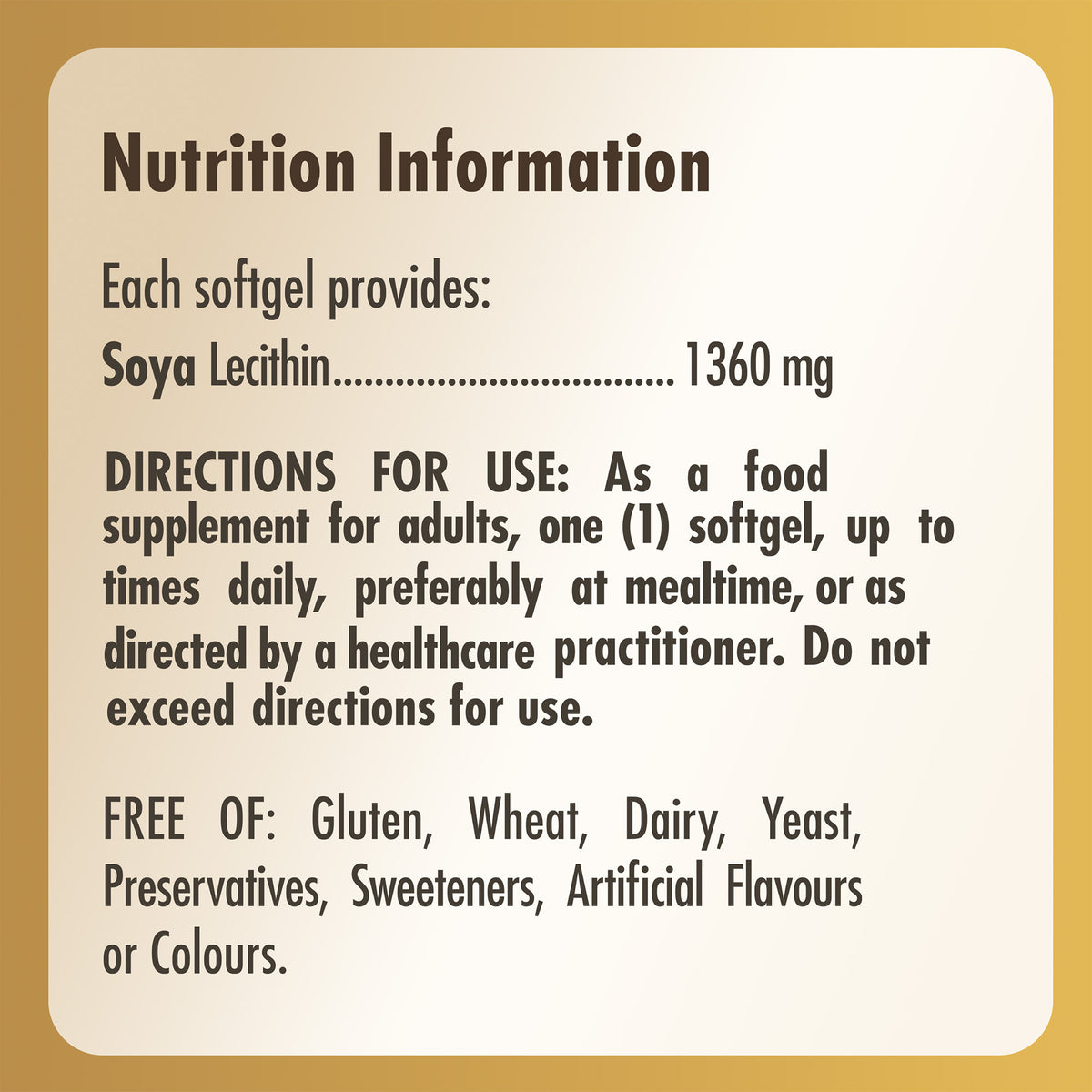 Nutrition label for a bottle of Solgar Soya Lecithin 1360 mg Softgels