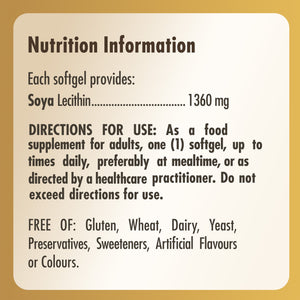 Nutrition label for a bottle of Solgar Soya Lecithin 1360 mg Softgels