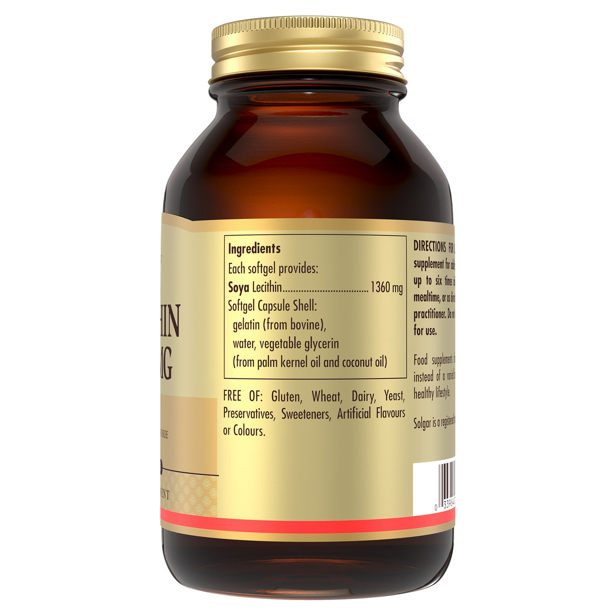 Side view of a bottle of Solgar Soya Lecithin 1360 mg Softgels