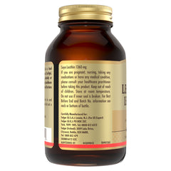 Solgar Soya Lecithin 1360 mg Softgels in a glass bottle with a gold lid