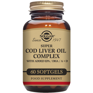 A glass bottle of Solgar Super Cod Liver Oil Complex softgels, containing 60 softgels, with added EPA/DHA and A+D