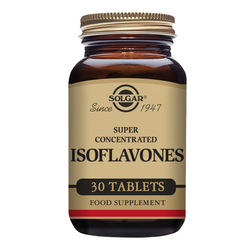 Solgar super concentrated isoflavones tablets in a glass bottle with a gold lid