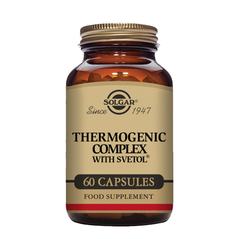 Solgar Thermogenic Complex with Svetol Vegetable Capsules in a glass bottle with a gold lid