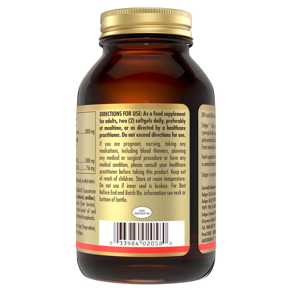 Directions for use label on a Solgar Omega-3 Fish Oil bottle