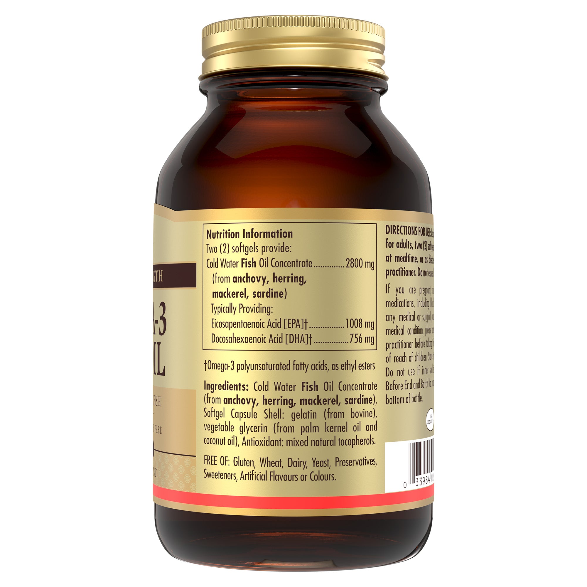Nutrition information label on a Solgar Omega-3 Fish Oil bottle