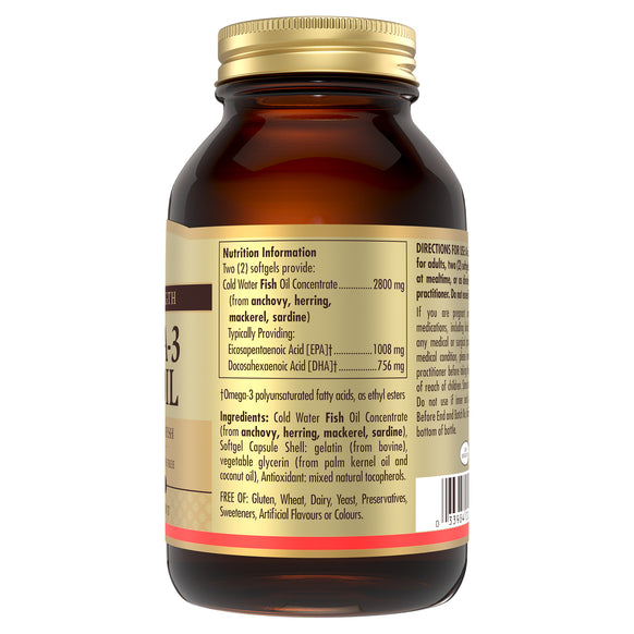 Nutrition information label on a Solgar Omega-3 Fish Oil bottle