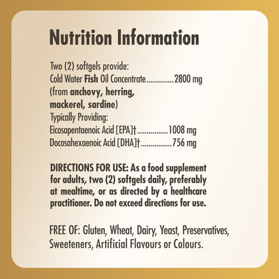Nutrition information label for Solgar Omega-3 Fish Oil