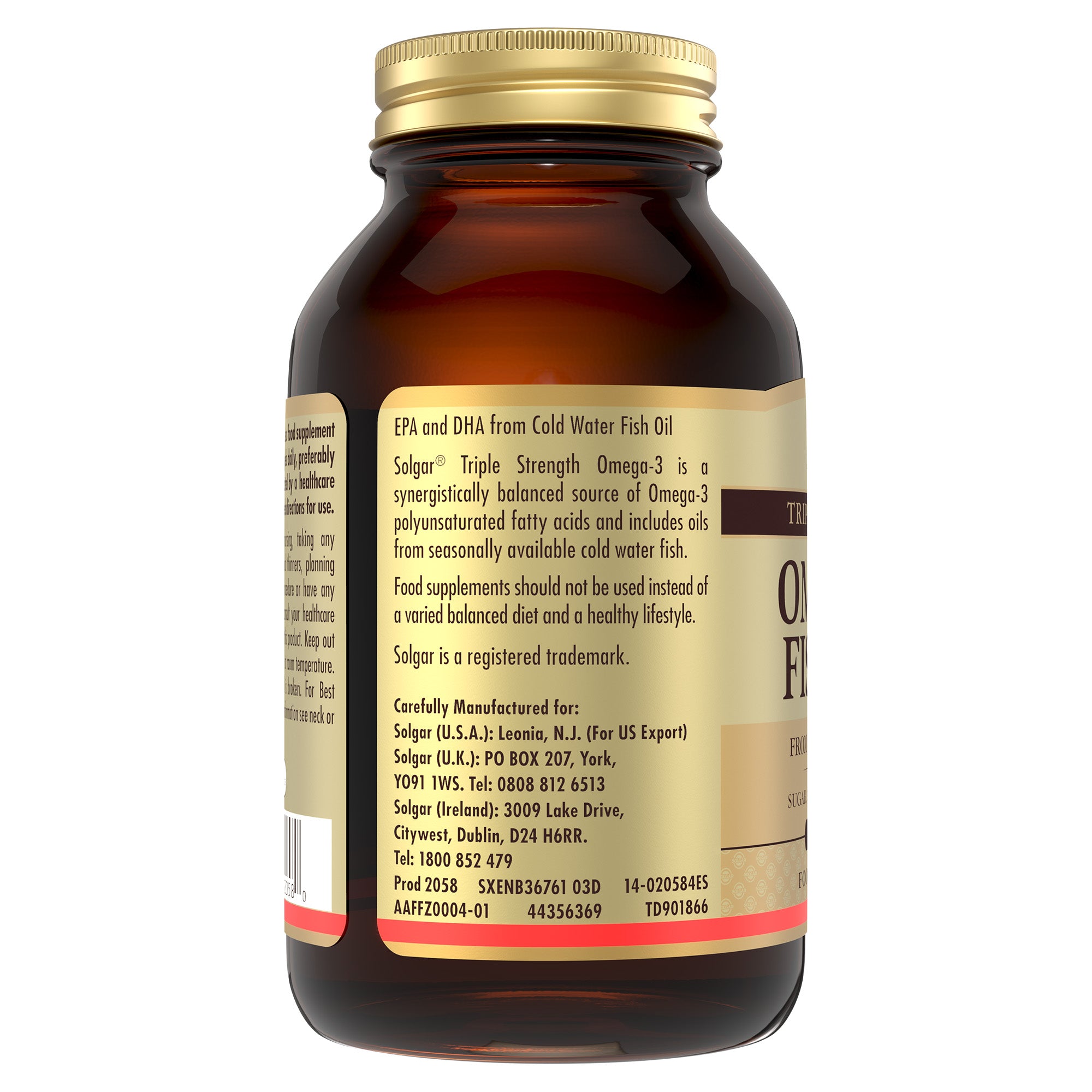 Side of a Solgar Omega-3 Fish Oil glass bottle with information