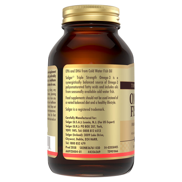 Side of a Solgar Omega-3 Fish Oil glass bottle with information