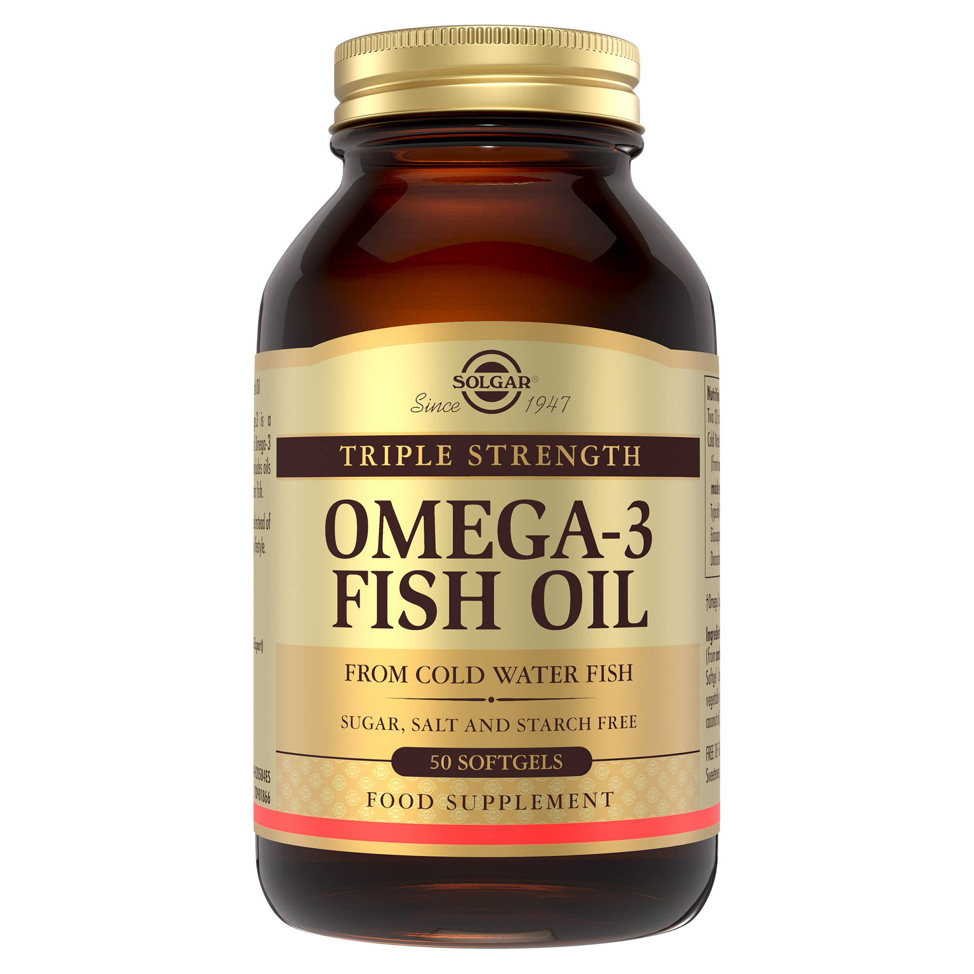 Bottle of Solgar Omega-3 Fish Oil on a white background