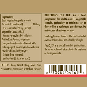 Ingredients and directions for use label for a Solgar Turmeric Root Extract vegetable capsule bottle