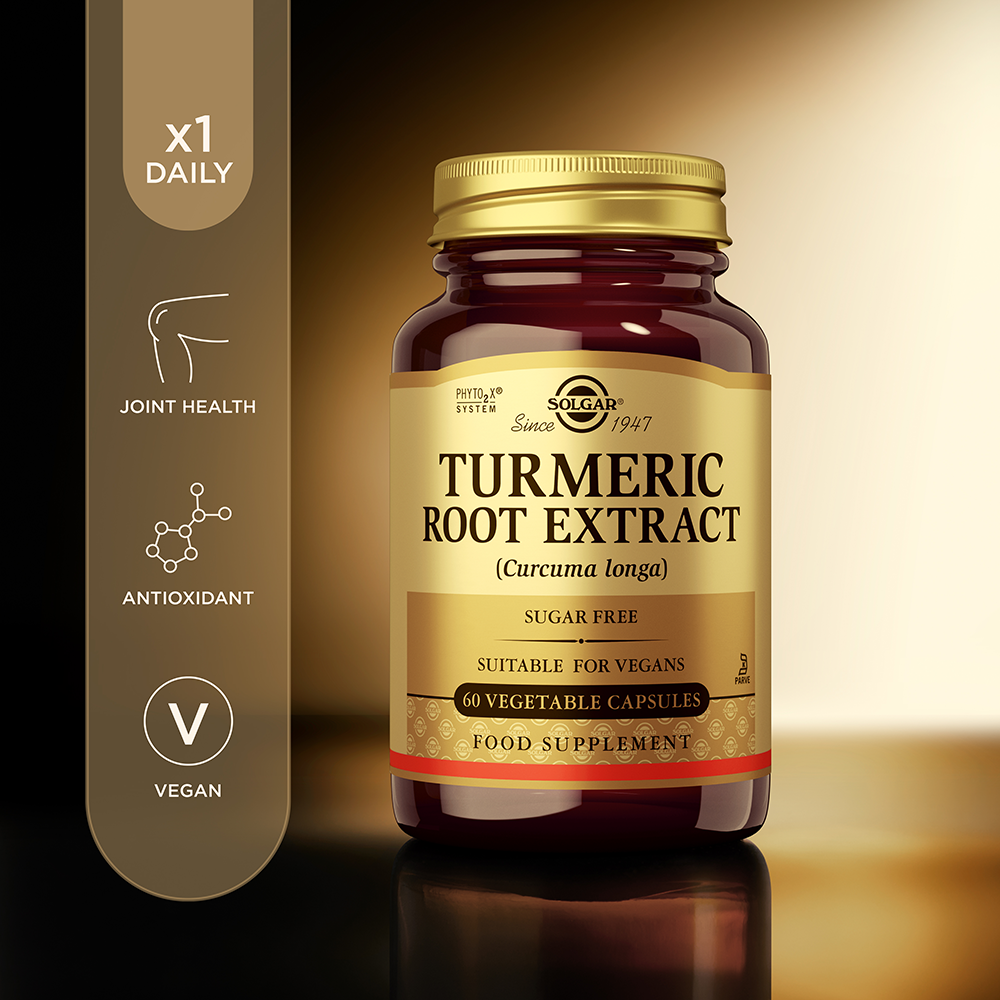 Solgar Turmeric Root Extract vegetable capsules in a glass bottle with some product information beside it