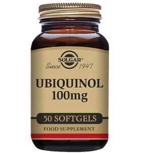 Solgar Fish Gel Ubiquinol 100 mg Softgels in a glass bottle with a gold lid