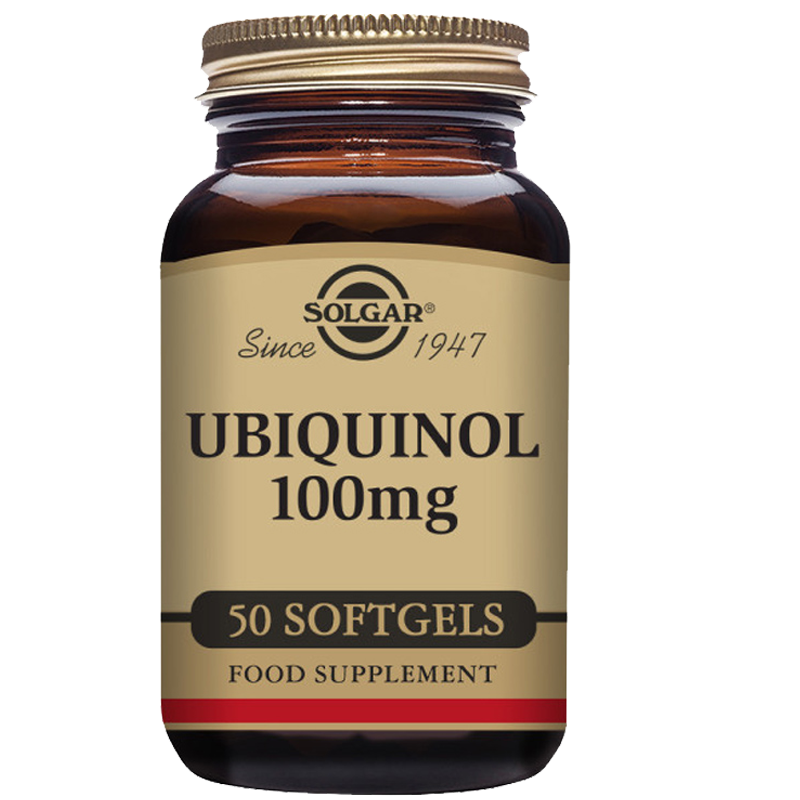 Solgar Fish Gel Ubiquinol 100 mg Softgels in a glass bottle with a gold lid