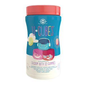 Sugar U-Cubes Children's Calcium with D3 Gummies in a blue and white plastic bottle 