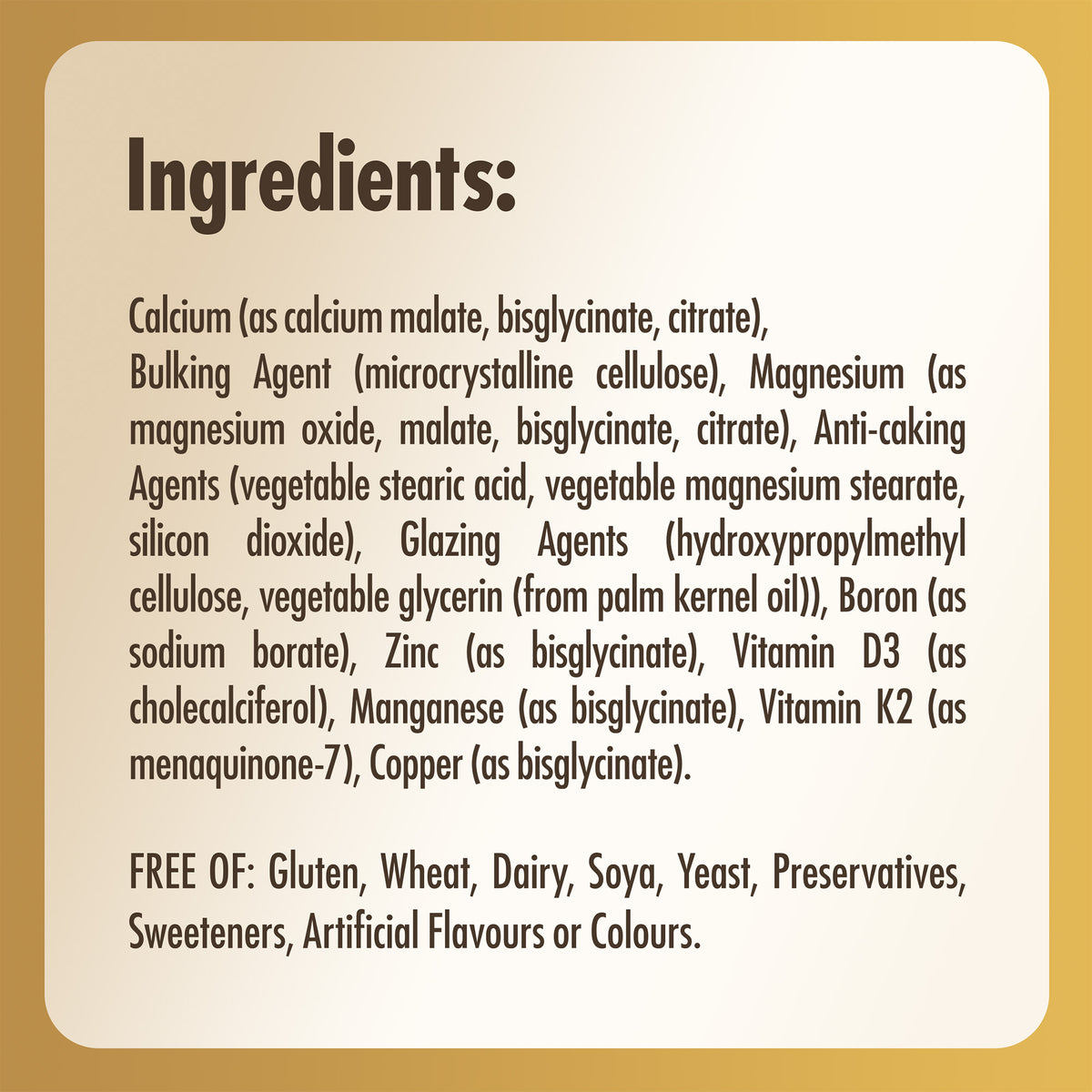 Ingredients list on a label for Solgar Ultimate Bone Support supplements