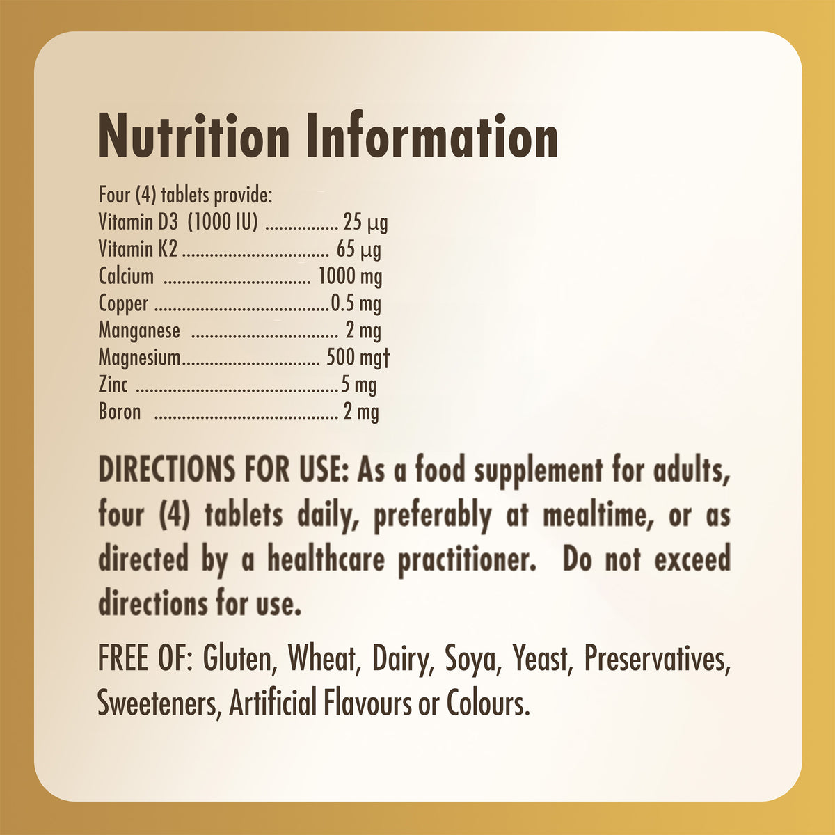 Nutrition information on a label for Solgar Ultimate Bone Support supplements