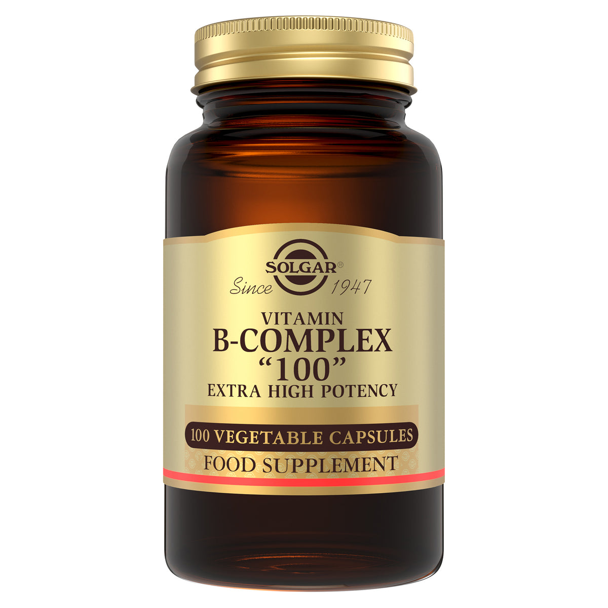 Solgar Vitamin B-complex supplement glass bottle with a gold lid