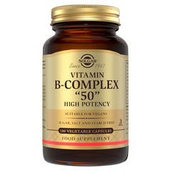 Solgar Vitamin B-complex supplement glass bottle with a gold lid