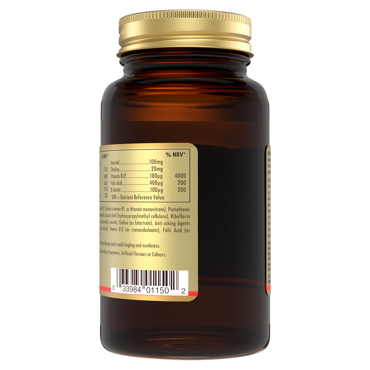 Side of a Solgar Vitamin B-complex supplement bottle with information