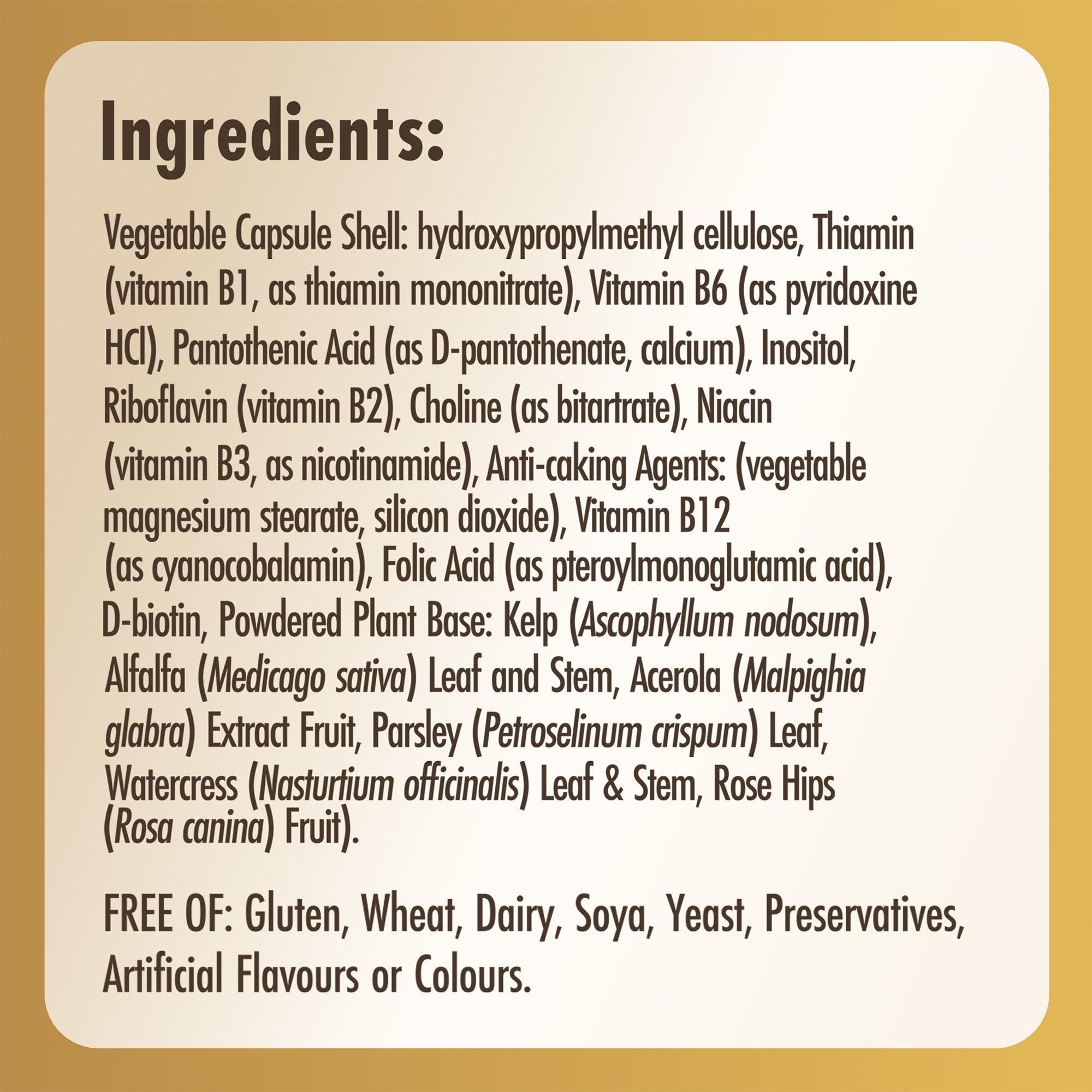 List of ingredients label for Solgar Vitamin B-complex supplements bottle