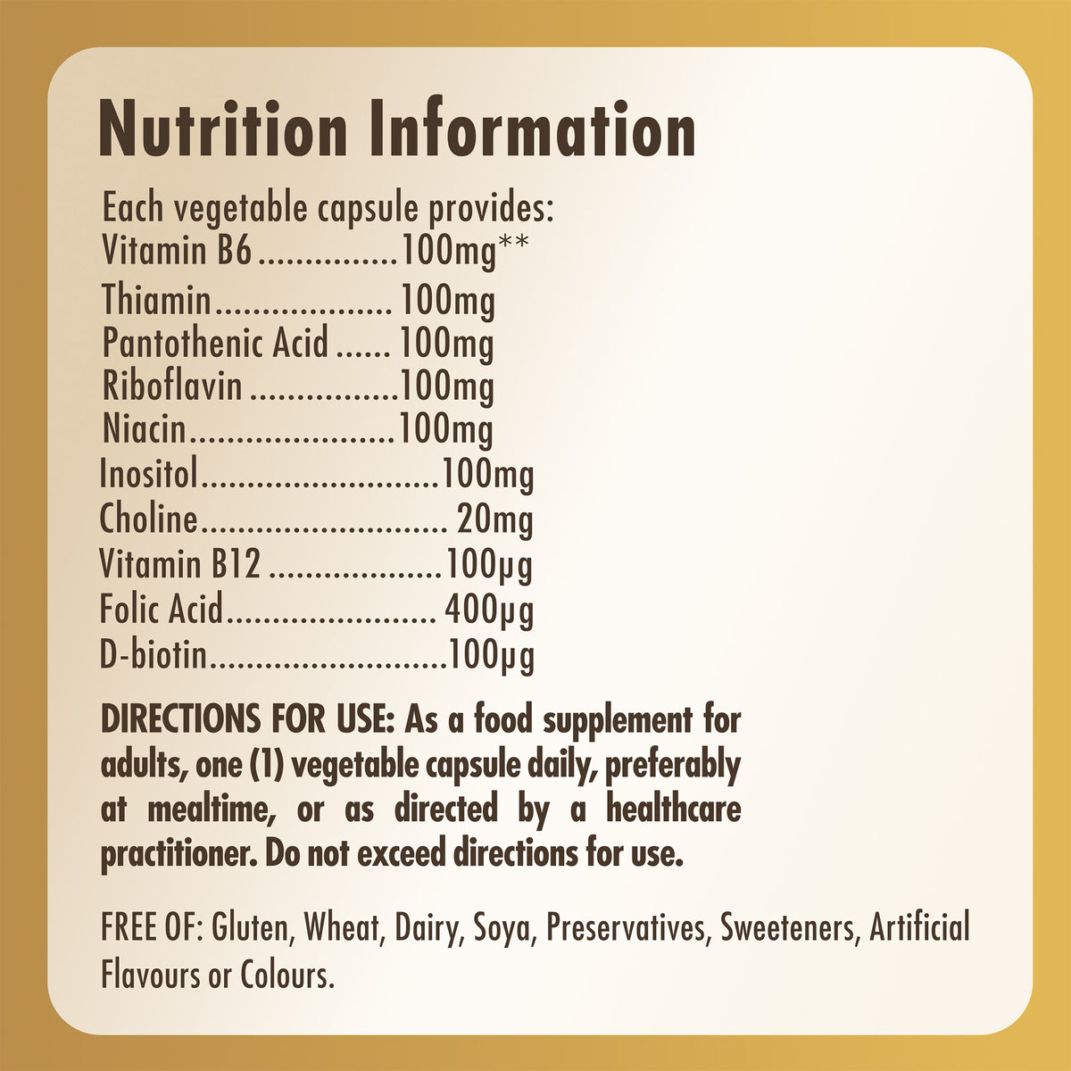 Nutrition information for Solgar Vitamin B-complex supplements