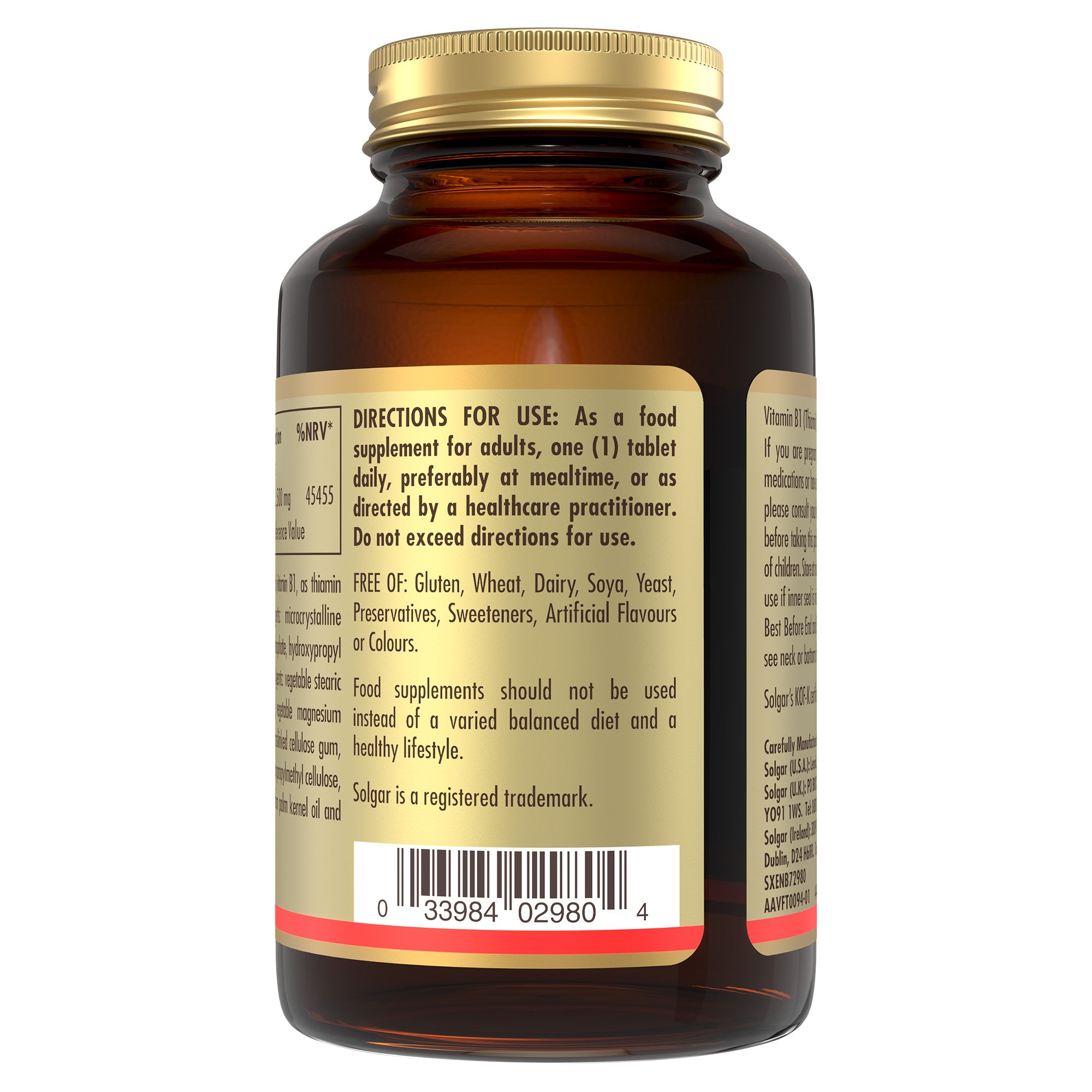 Directions for use label on a Solgar Vitamin B1 supplement bottle