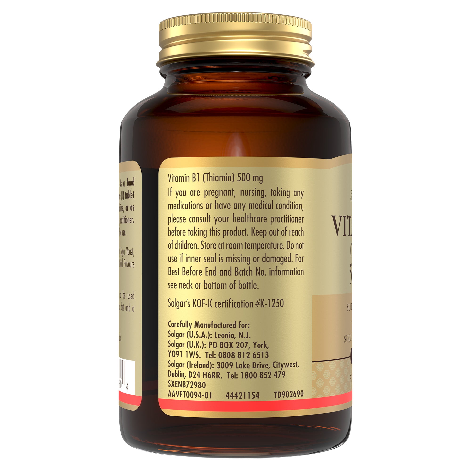 Side view of a Solgar Vitamin B1 supplement bottle containing product information