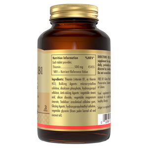 Nutrition information label on a Solgar Vitamin B1 supplement bottle