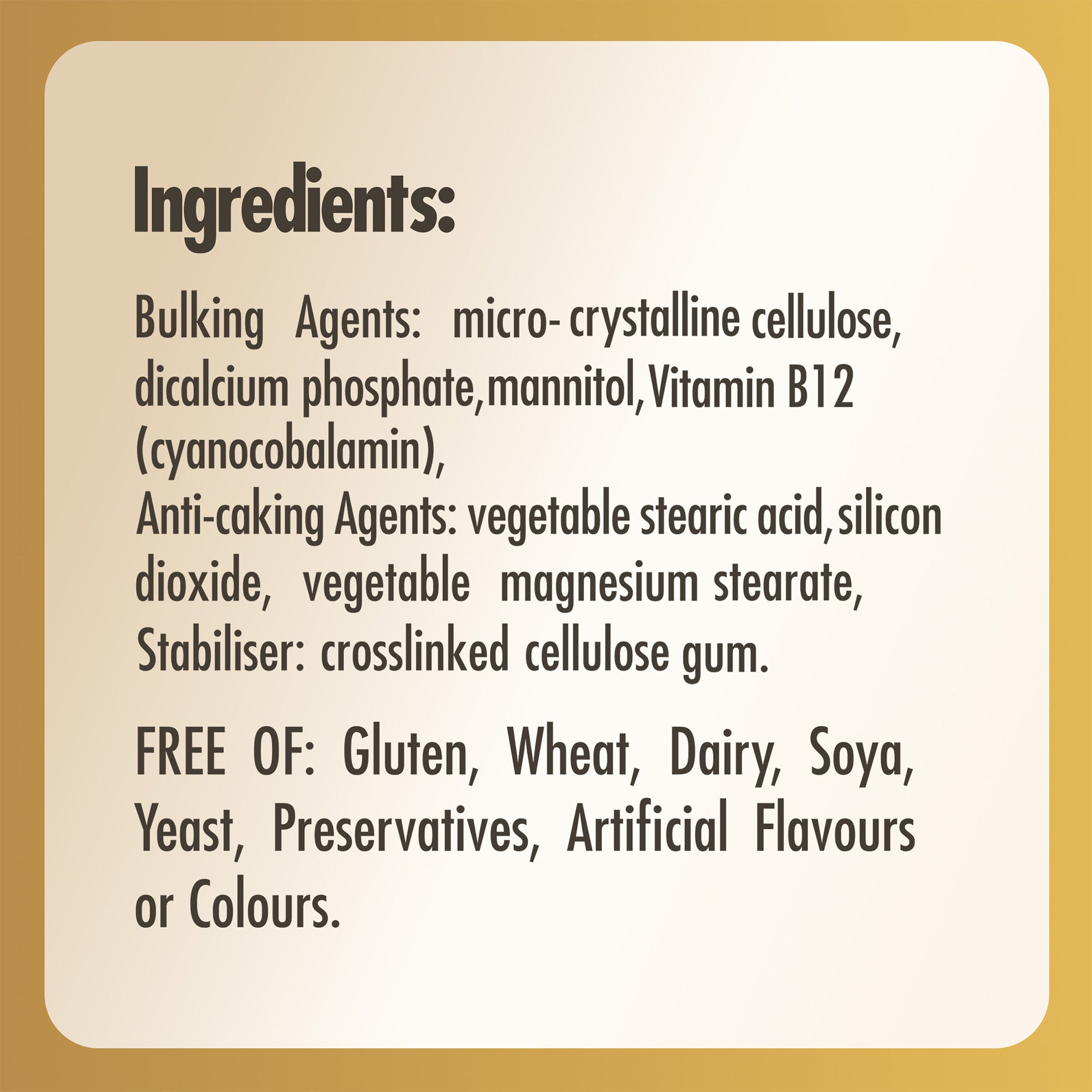 Ingredients list for a bottle of Solgar Vitamin B12 supplements