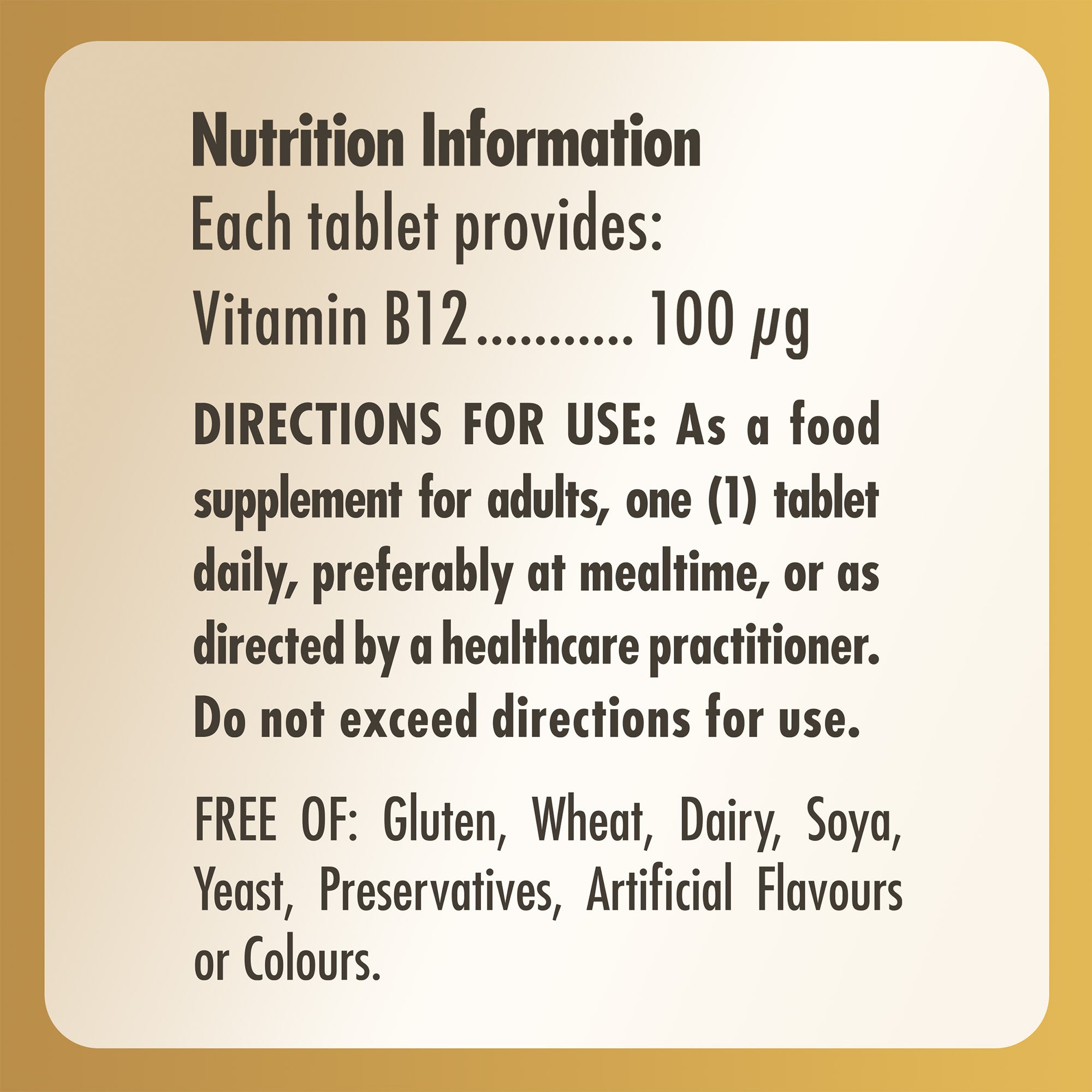 Nutrition information label for a bottle of Solgar Vitamin B12 supplements