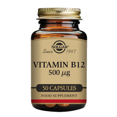 Vitamin B12 500 mcg Vegetable Capsules in a glass bottle with a gold lid