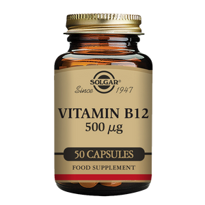 Vitamin B12 500 mcg Vegetable Capsules in a glass bottle with a gold lid