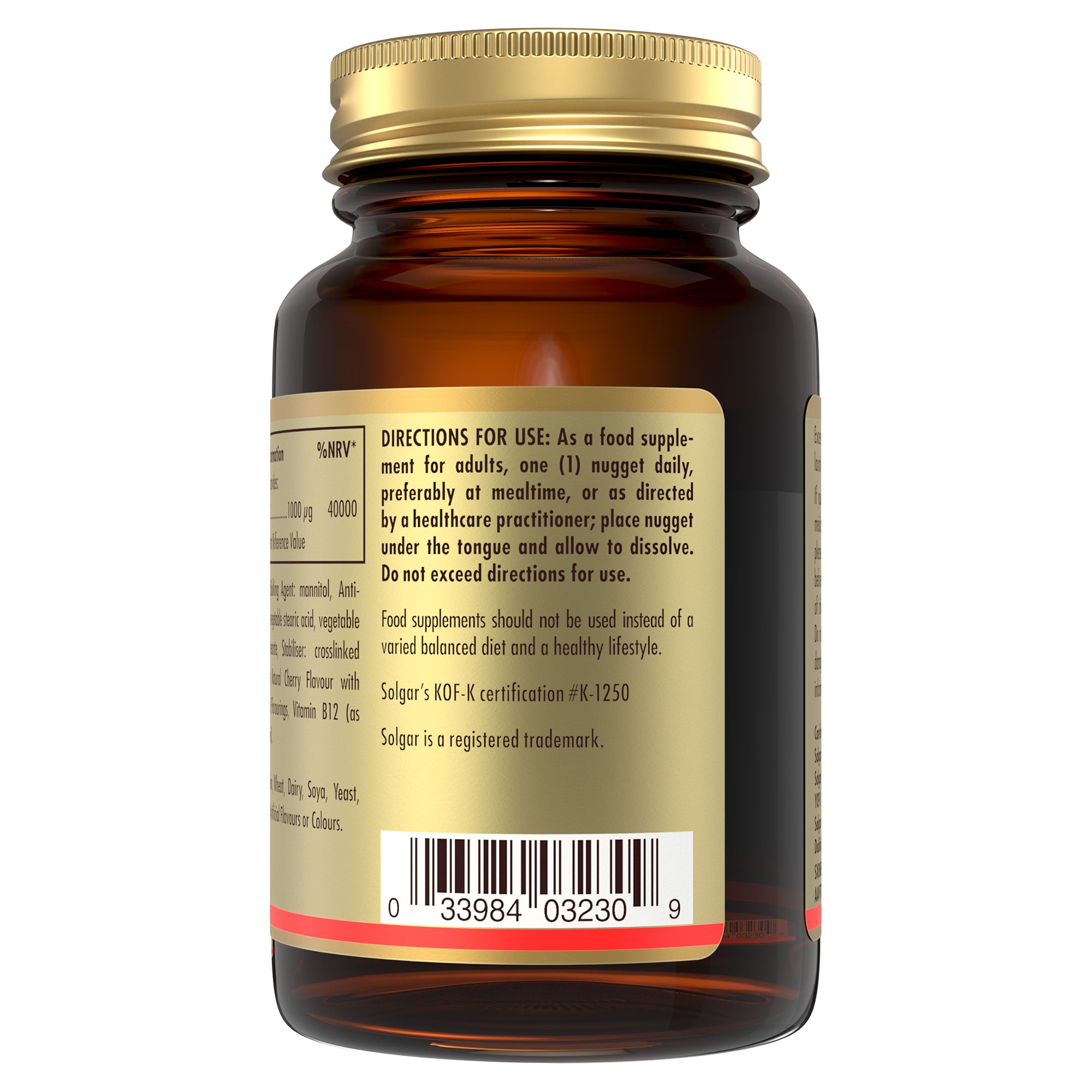 Directions for use label on a bottle of Solgar Vitamin B12 supplements 